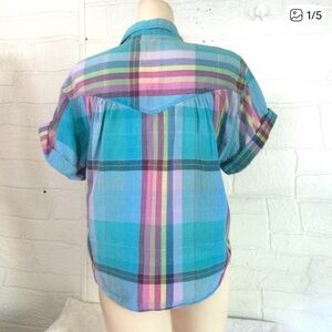 Vintage blouse 80s 90s Short Sleeve Cotton Shirt Turquoise
